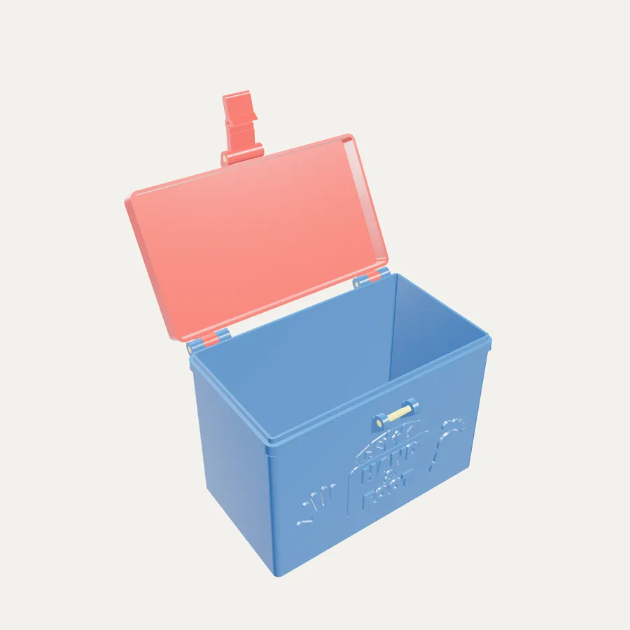 Blue and coral Hand and Foot card box with the lid open