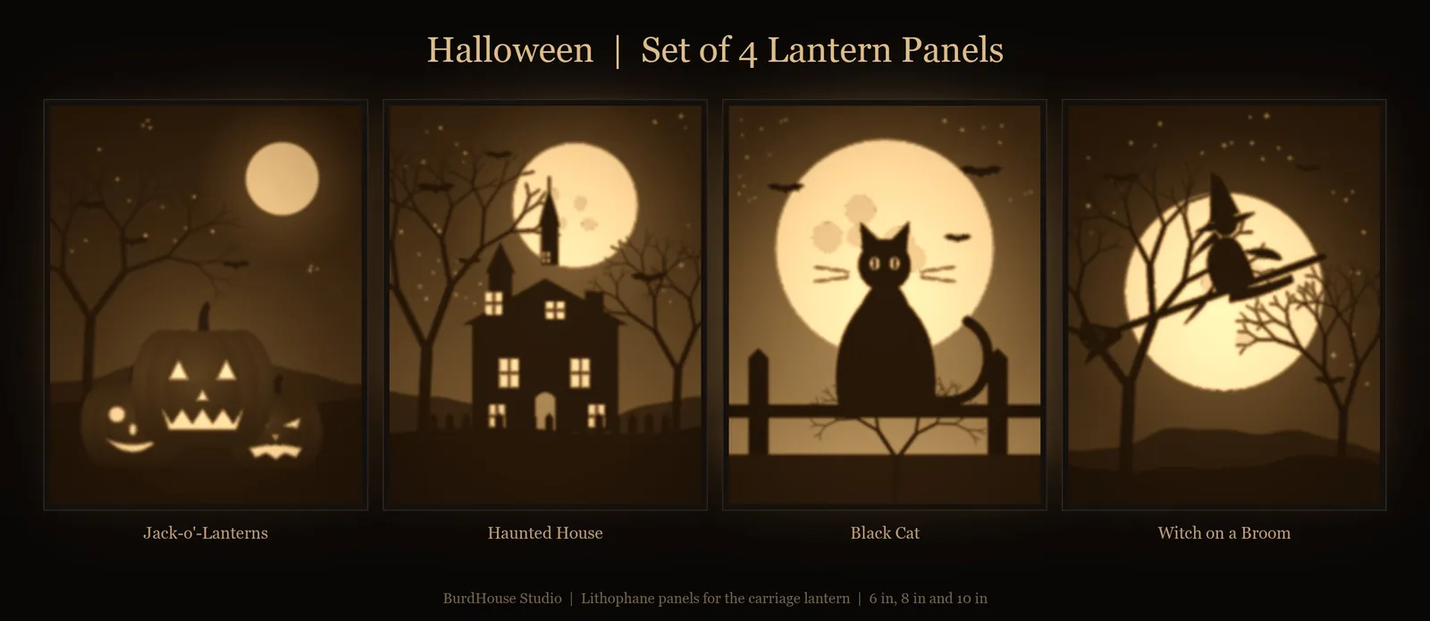 Four glowing Halloween lithophane panels